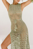Green Sexy Solid Tassel Hollowed Out Patchwork Backless Slit Swimwears Cover Up