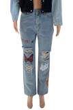 Серые прямые джинсовые джинсы с высокой талией и рваными узорами в стиле пэчворк с уличным принтом