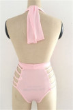 Bandage solide sexy à la mode rose évidé maillots de bain dos nu (sans rembourrages)