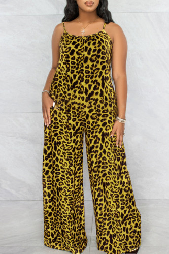 Yellow Sexy Print Leopard Patchwork Spaghetti Strap Plus Size Jumpsuits