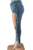 Jeans de talla grande rasgados con borlas sólidas de patchwork casual de moda azul bebé