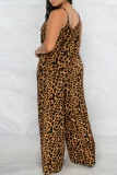 Paarse Sexy Print Leopard Patchwork Spaghetti Band Plus Size Jumpsuits