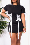 Blanco Casual Street Solid Bandage Patchwork O Neck T-shirt Dress Vestidos