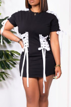 Schwarz Casual Street Solid Bandage Patchwork O-Ausschnitt T-Shirt Kleid Kleider