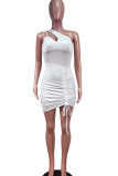 Blanco sexy sólido patchwork asimétrico cuello oblicuo lápiz falda vestidos