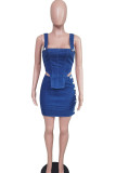 Blue Street Solid Patchwork Buckle Asymmetrical Spaghetti Strap Sleeveless Two Pieces