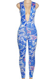 Red Sexy Print Patchwork V Neck Skinny Jumpsuits