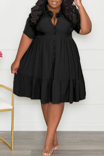 Black Casual Solid Patchwork Buckle Turndown Collar A Line Plus Size Dresses