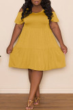 Yellow Casual Solid Patchwork Fold O Neck A Line Plus Size Dresses