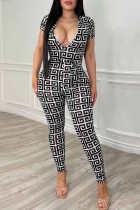Zwart-witte mode-casual print-patchwork jumpsuits met V-hals