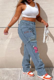 Jeans jeans reto com estampa de rua azul rasgado make old patchwork cintura alta