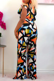 Tangerine Fashion Street Print Patchwork Asymmetrisk Jumpsuits med sned krage (innehåller bältet)