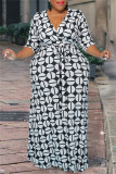 ブラックピンクファッションカジュアルプリント包帯パッチワークVネックロングドレス