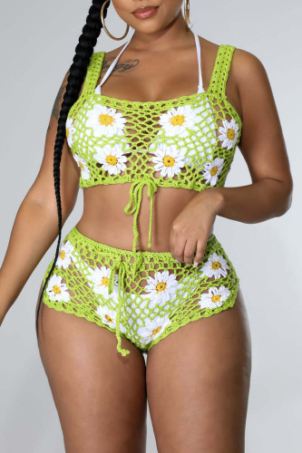 Green Sexy Solid Embroidered Bandage Hollowed Out Patchwork Two Pieces