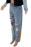 Blue Street Print Ripped Make Old Patchwork Hoge Taille Straight Denim Jeans