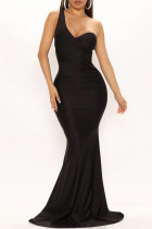 ブラックファッションセクシーなソリッドバックレスワンショルダーイブニングドレスドレス