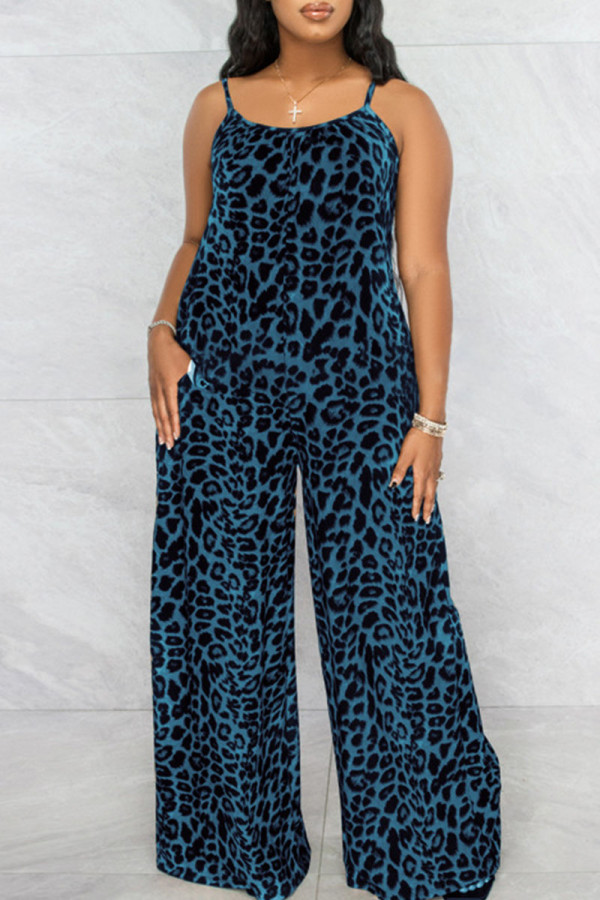 Blå sexigt tryck Leopard Patchwork Spaghetti Strap Plus Size Jumpsuits