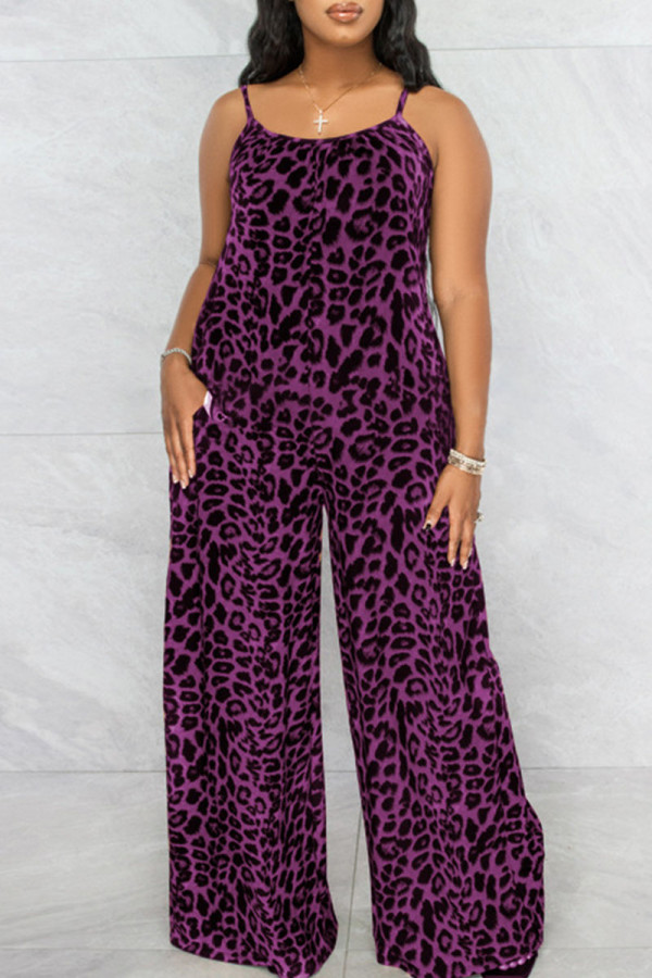 Lila sexigt tryck Leopard Patchwork Spaghetti Strap Plus Size Jumpsuits