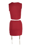 Red Sexy Solid Hollowed Out O Neck Sleeveless Two Pieces