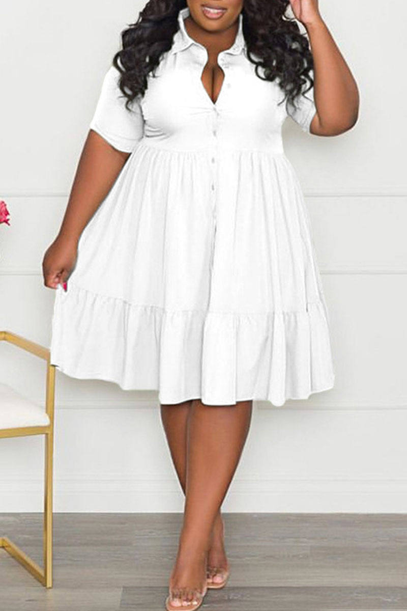 

White Casual Solid Patchwork Buckle Turndown Collar A Line Plus Size Dresses