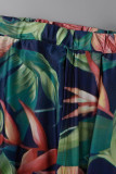 Multicolore Fashion Casual Print Patchwork Slit V Neck Plus Size Two Pieces