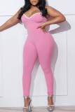 Pink Casual Sportswear Solid Patchwork Spaghetti Strap Skinny Jumpsuits