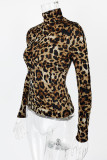 Leopard Print Fashion Casual Print Leopard Patchwork Turtleneck Tops