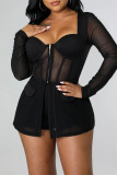 Black Fashion Sexy Patchwork See-through Square Collar Long Sleeve Two Pieces