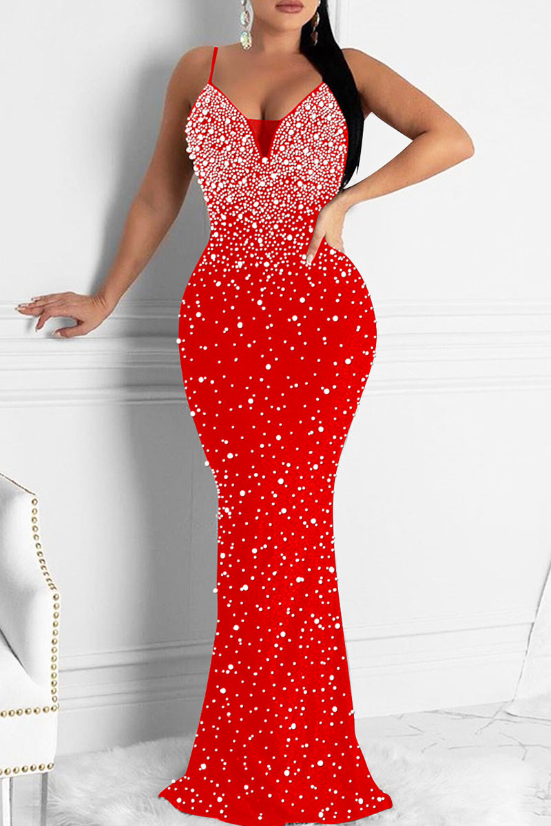 

Red Fashion Sexy Patchwork Hot Drilling Backless Spaghetti Strap Evening Dress