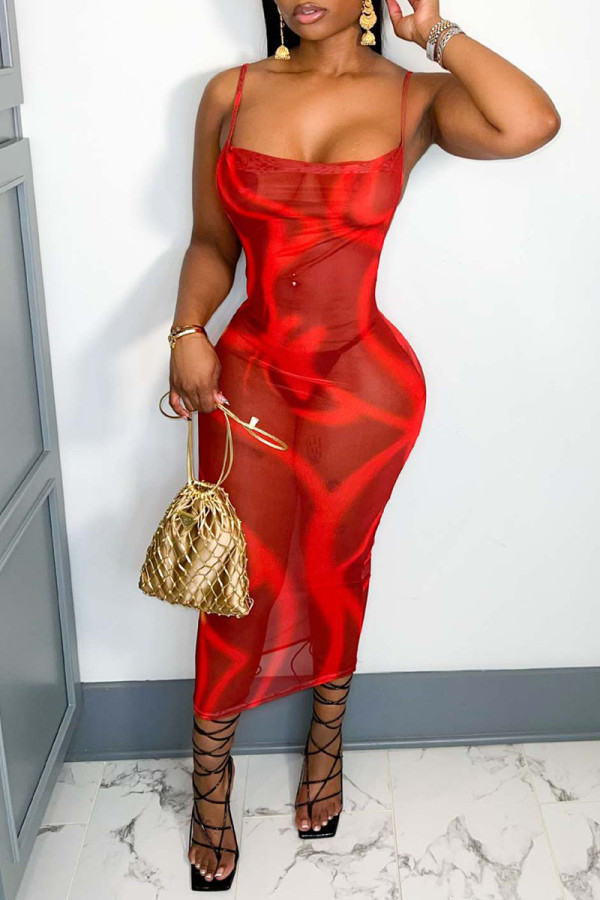 Vestidos de falda de tubo de correa de espagueti transparente de patchwork con estampado sexy rojo
