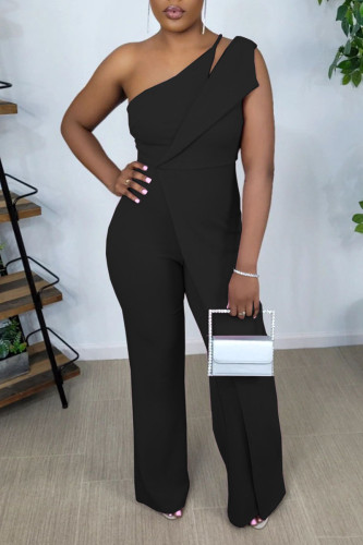 Black Fashion Casual Solid Patchwork Asymmetrical Collar Straight Jumpsuits
