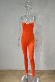 Tangerine Red Casual Sportswear Solid Patchwork Spaghetti Strap Skinny Jumpsuits