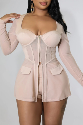 Bare Color Fashion Sexy Patchwork See-through Square Collar Long Sleeve Two Pieces
