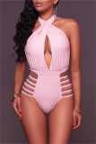 Pink Fashion Sexy Solid Bandage Hollowed Out Backless Swimwears (Without Paddings)