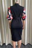 Zwarte mode casual print patchwork split met riem halve coltrui kokerrok jurken