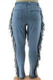 Jeans de talla grande rasgados con borlas sólidas de patchwork casual de moda azul bebé