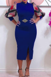 パープル ファッション カジュアル プリント パッチワーク スリット ベルト付き ハーフ タートルネック ペンシル スカート ドレス