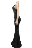 ローズレッドファッションセクシーなパッチワークホットドリルバックレススパゲッティストラップイブニングドレス