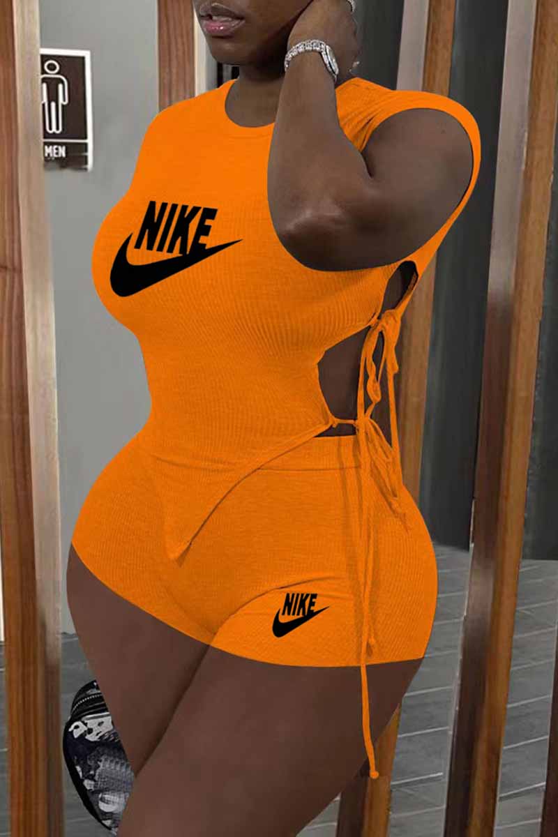 

Orange Fashion Casual Print Bandage Letter O Neck Short Sleeve Two Pieces