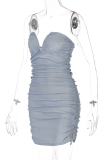 ブルーのセクシーなソリッドパッチワークストラップレスペンシルスカートドレス