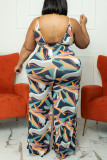 Gray Blue Casual Print Patchwork Spaghetti Strap Plus Size Jumpsuits