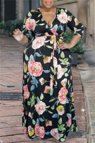 Черно-розовое модное повседневное длинное платье с принтом в стиле пэчворк и V-образным вырезом