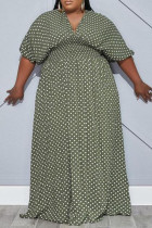 Зеленое модное повседневное длинное платье больших размеров с принтом в горошек и пэчворком с V-образным вырезом