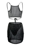 Черный модный сексуальный пэчворк, горячее сверление, прозрачное платье без рукавов с открытой спиной и бретельками из двух частей