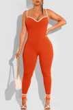 Tangerine Red Casual Sportswear Solid Patchwork Spaghetti Strap Skinny Jumpsuits