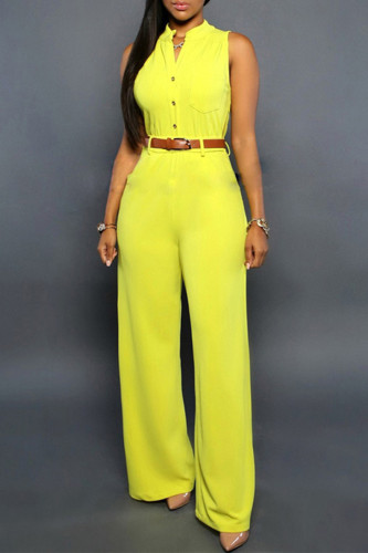 Yellow Fashion Casual Solid Patchwork V Neck Regular Jumpsuits (Without Belt)