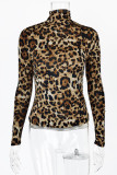 Leopard Print Fashion Casual Print Leopard Patchwork Turtleneck Tops
