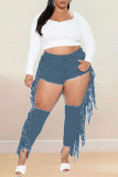 Baby Blue Fashion Casual Patchwork Solid Tassel Ripped Plus Size Jeans