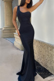 Черное модное сексуальное однотонное вечернее платье с открытой спиной на одно плечо Платья