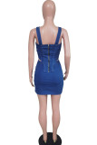 Blue Street Solid Patchwork Buckle Asymmetrical Spaghetti Strap Sleeveless Two Pieces Cami Tops And Skirts Sets
